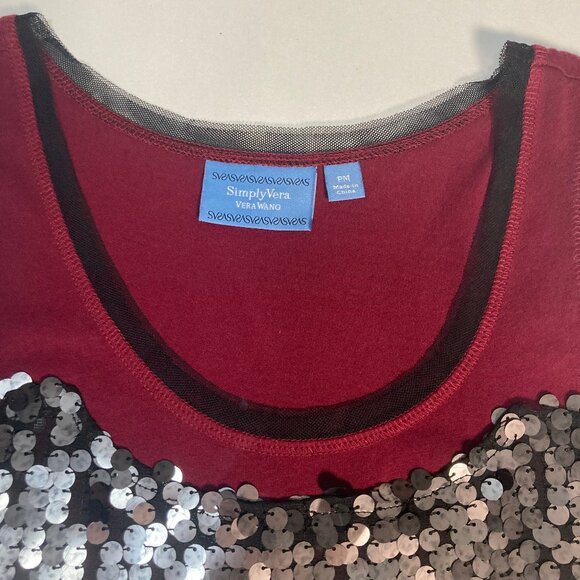 Simply Vera Vera Wang sequined tank top laced neckline arm hem in burgundy PM - Picture 2 of 9